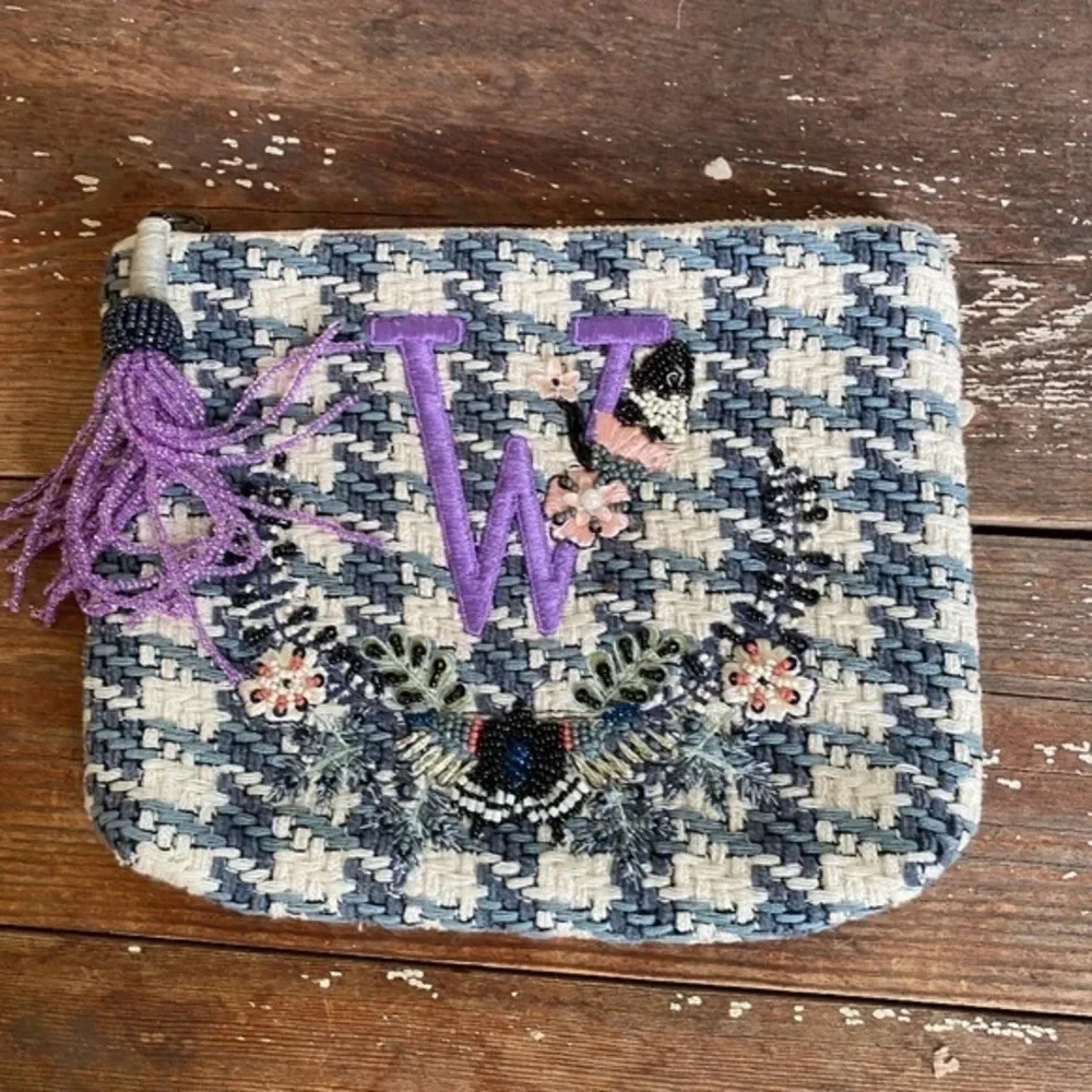 Anthropologie Embellished Monogram Tweed Clutch
